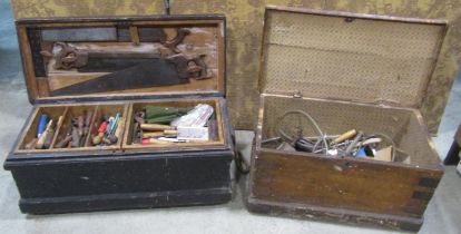 A Victorian pine blanket chest containing a quantity of woodworking and other tools, together with a