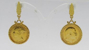Pair of 18ct half sovereign earrings dated 1885 and 1905, 10.9g (no butterflies)