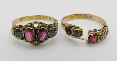 Two late Victorian 15ct multicolour garnet set rings, 3.1g total (both af)