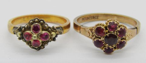 Two antique 9ct cluster rings; a ruby cluster example with cannetille detail, size K, 2.3g and a