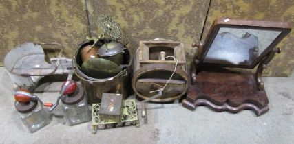 A Toilet mirror, timber churn, two glass butter churns, copper bucket, saucepans, vintage child's