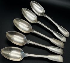 Four Victorian silver serving spoons and five dessert spoons, all London c.1850, maker Elizabeth