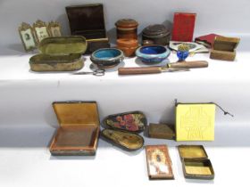 A collection of small miscellaneous boxes, two cloisonné bowls, a photo frame, spectacle case,