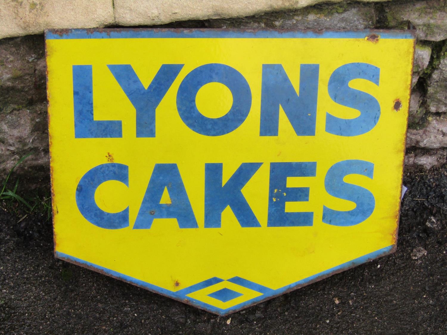 A vintage wall mounted double sided enamel sign advertising Lyons cakes, the main plate 40 cm high x - Image 2 of 2