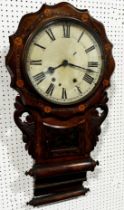 19th century walnut cased drop dial wall clock the case with marquetry detail, painted dial and