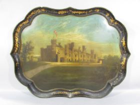 A large Victorian hand painted papier maché tray, decorated with a view of Eridge Castle, Walton &