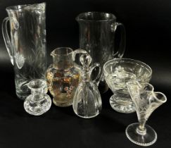 A miscellaneous collection of glass to include a slender Cranberry jug, a pair of Murano pink