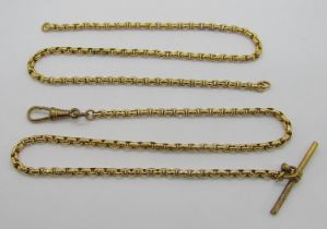 Long antique 9ct chain, with attached base metal T-bar and Albert clasp, 32.6g gross