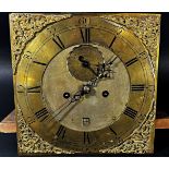 A Georgian longcase clock dial and movement, the square brass dial with engraved chapter ring and