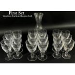 A wine carafe together with six red wine glasses, six white wine glasses and six cordial glasses (18