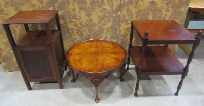 A 19th century mahogany duet stand, pedestal table on tripod base, small toilet mirror, open frame