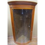 A 19th century satinwood bow fronted hanging corner cupboard with single glazed door and birds eye