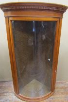 A 19th century satinwood bow fronted hanging corner cupboard with single glazed door and birds eye