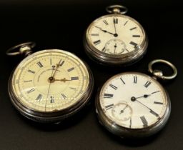 A silver cased ‘Patent Lever Chronograph’ fob / pocket watch together with two other silver cased
