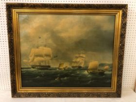 20th century gilt framed print of battle ships at sea after James E. Buttersworth (1817–1894),