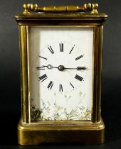 A 19th century carriage clock, the white enamelled dial with further painted detail, with eight