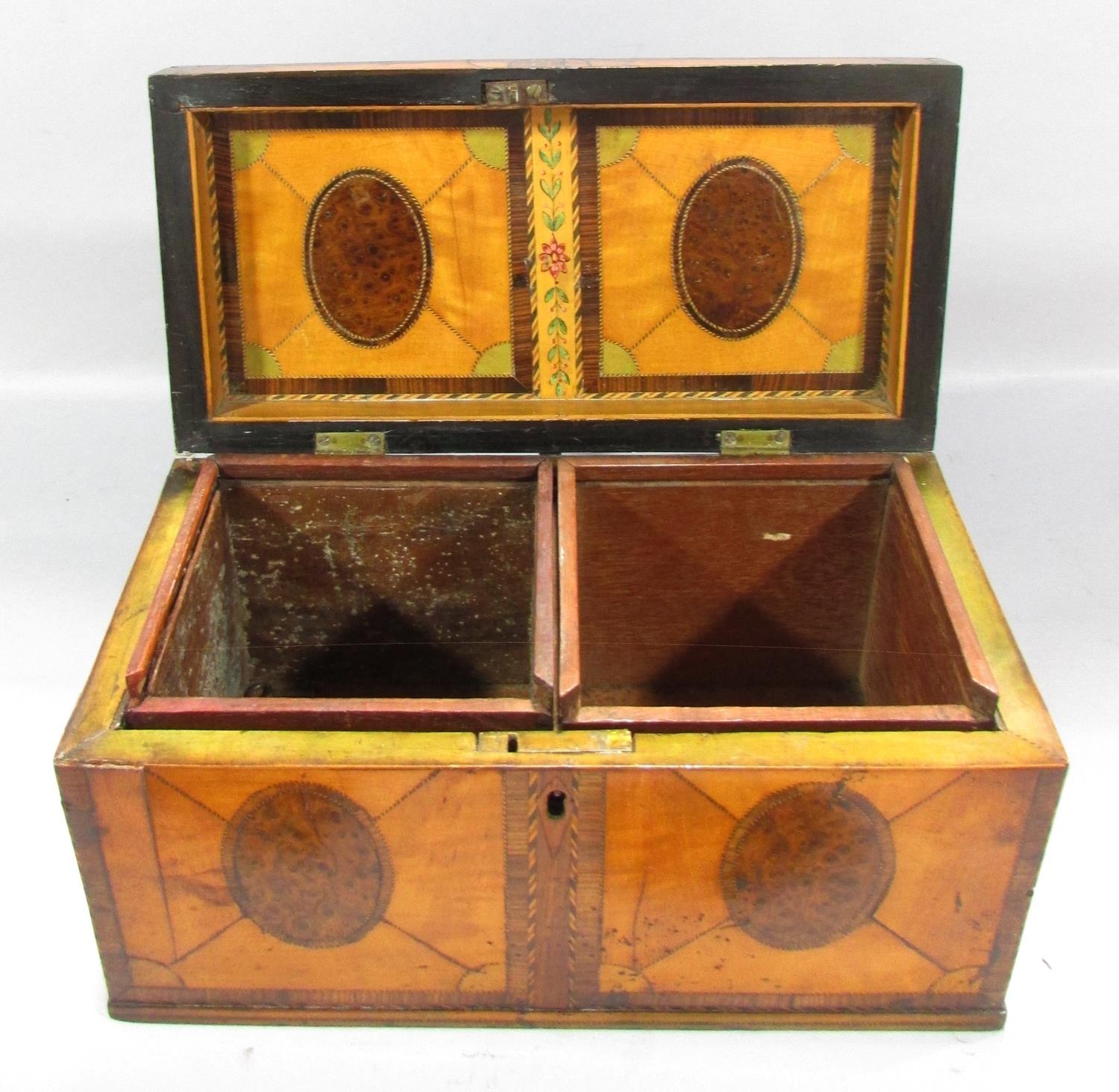 An 18th century satinwood and burr walnut veneered tea caddy, the lid opening to reveal two matching - Image 2 of 4