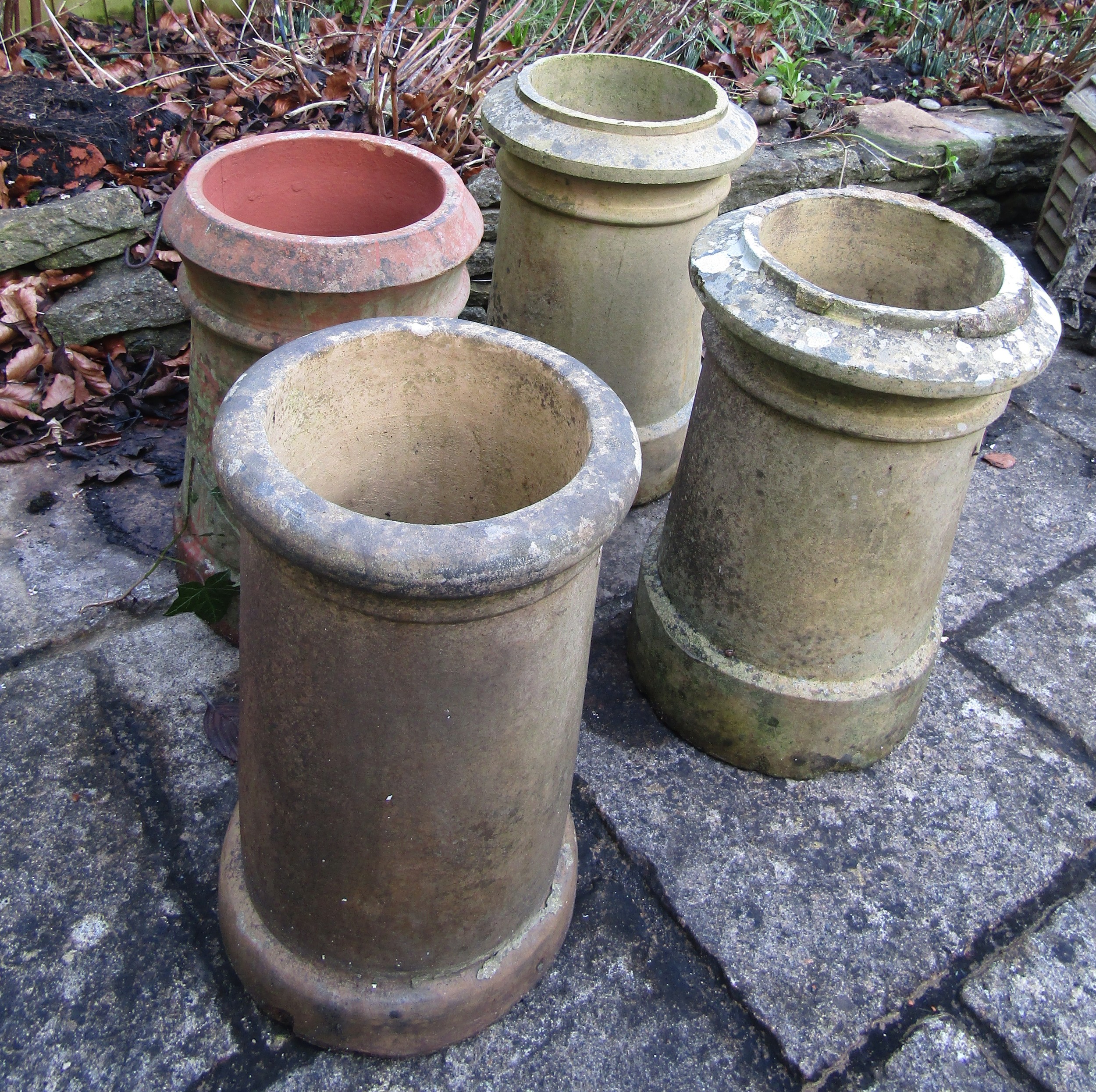 Four weathered chimney pots, slight variation in height and design, 47cm tall max (af) - Image 2 of 3