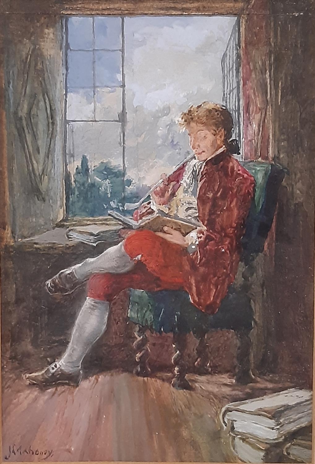 James Mahoney (Irish, c.1810-1879) - A Gentleman reading by the window while smoking a clay pipe, - Image 2 of 4