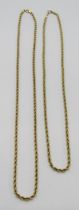 Two 9ct rope twist chain necklaces, 46cm and 41.5cm L approx, 5.5g total