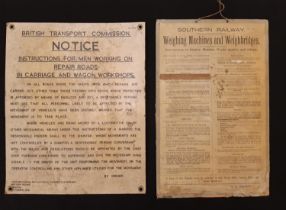 Two 1950's railway signs printed on board comprising a Southern Rail Instructions Notice for '