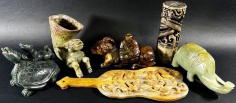 A collection of archaistic style Chinese carved jadeite / hardstone to include a zoomorphic libation