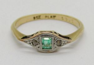 Art Deco 9ct emerald and diamond ring with platinum setting, size N/O, 1.5g