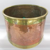 A 19th century copper and brass banded barrel coal bucket, 45cm diam x 33cm high.