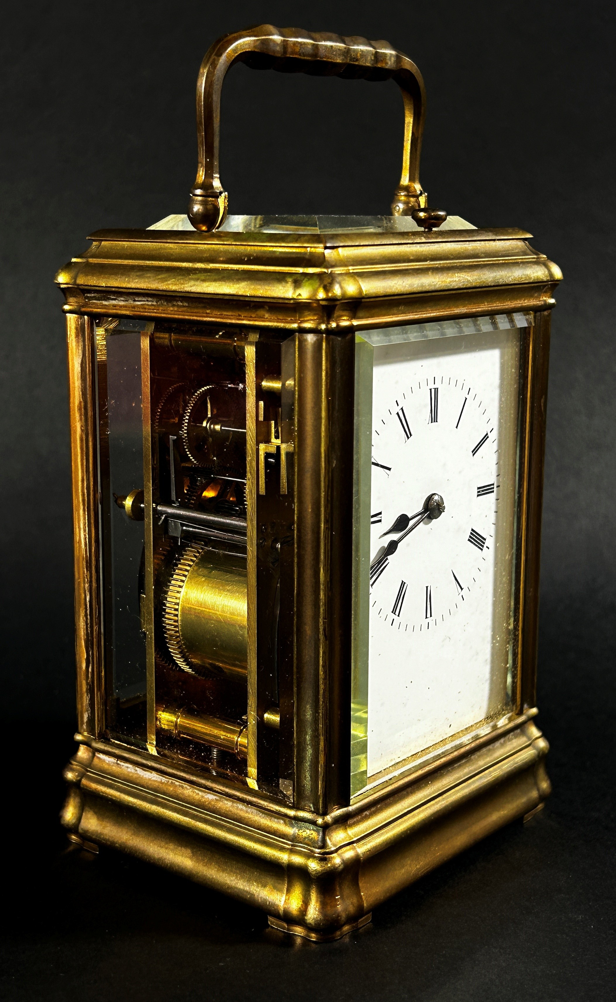 A 19th century brass carriage clock with enamelled dial, with eight day striking movement, currently - Image 2 of 5
