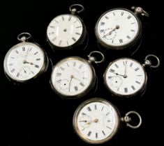 Six 19th century fob / pocket watches with silver cases, enamel dials, all key wound (6)