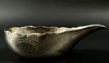 A silver metal pap boat, 12cm wide, (unmarked)