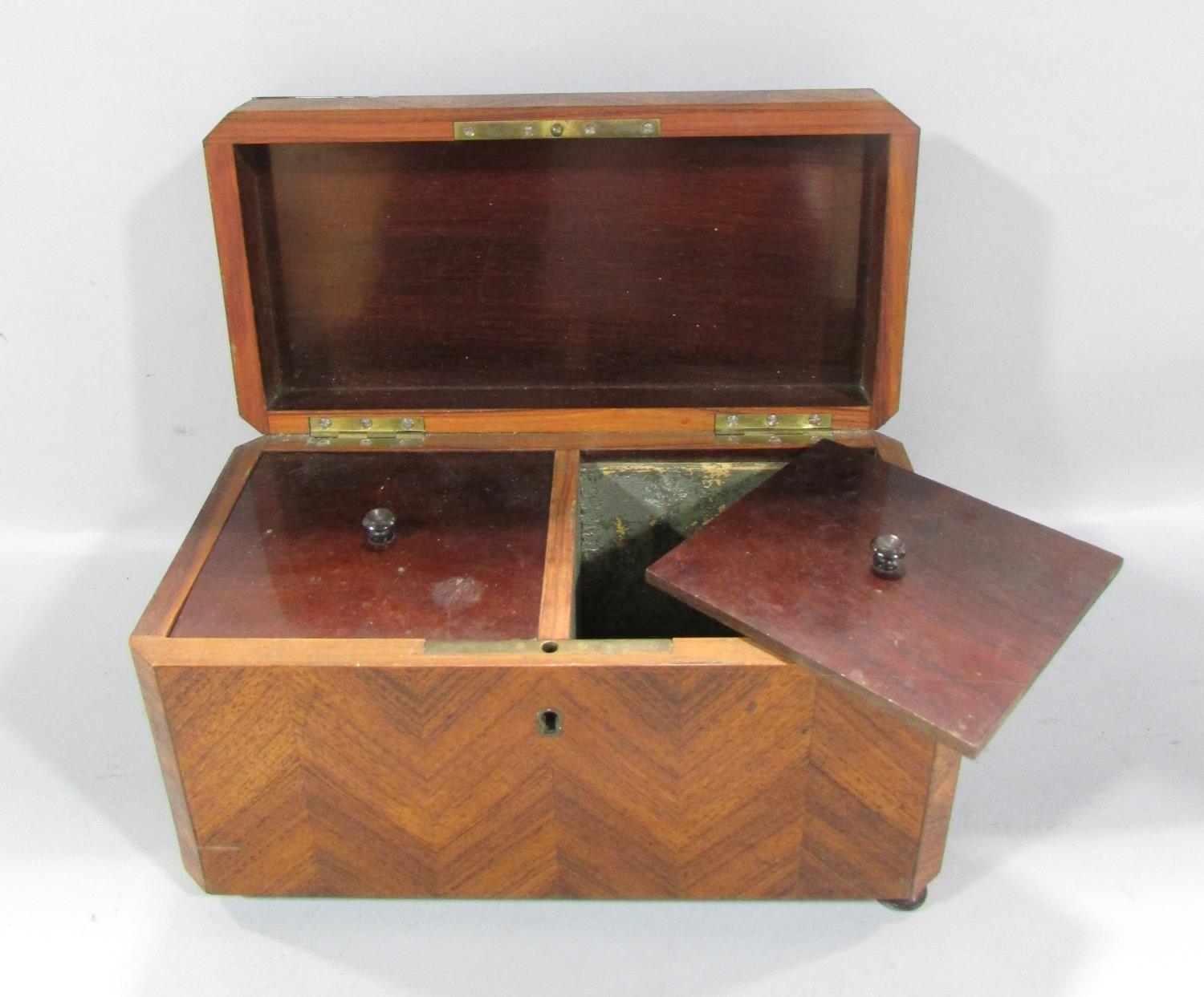 A 19th French marquetry tea caddy with two divisions, one button foot missing, 24cm wide. - Image 2 of 3