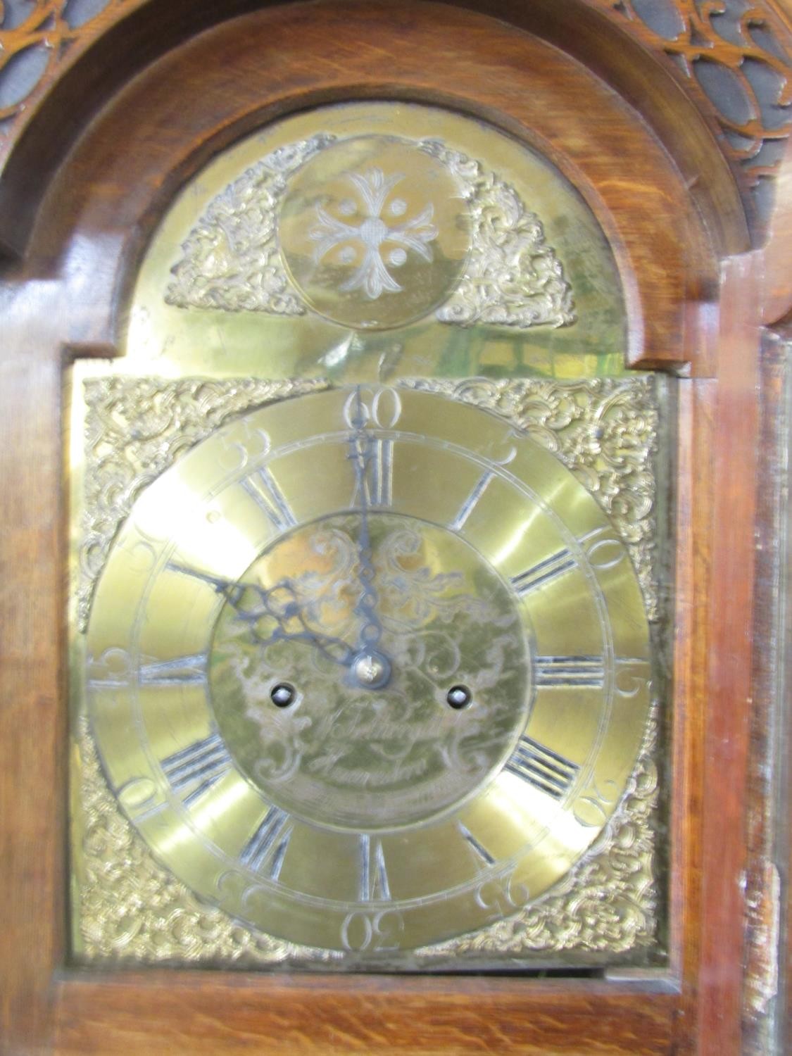 A Georgian oak longcase clock, the trunk crossbanded in walnut and with reeded column supports, - Image 2 of 5