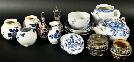 A collection of oriental ceramics to include Japanese teapots, dishes and pots also three pieces