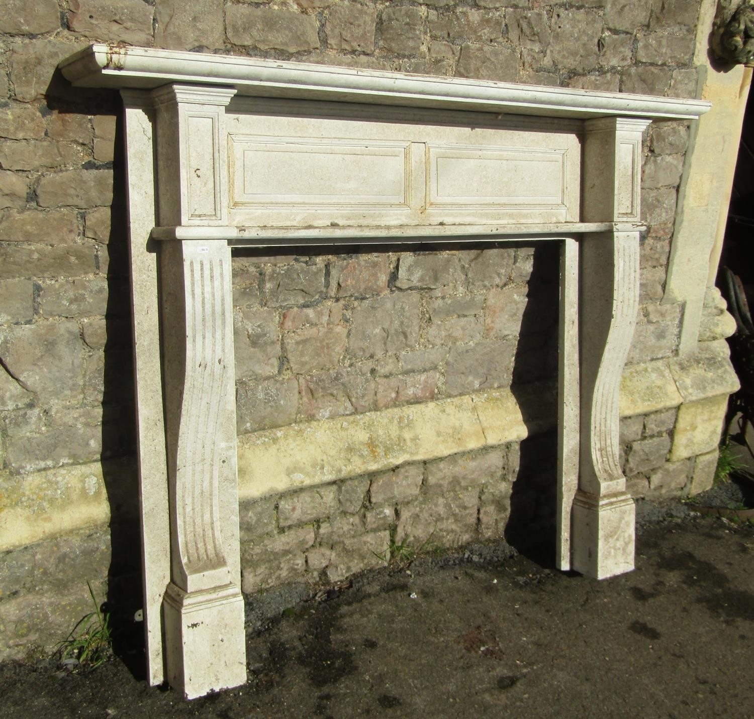 A late Victorian/Edwardian painted wooden fire surround with fielded panelled back and swept - Image 2 of 4