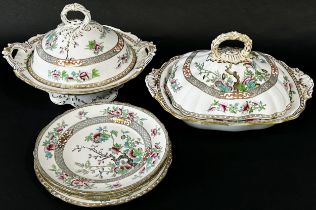 Two Cauldon pattern tureens, one with cover, further Indian Tree pattern tureens, plates, etc