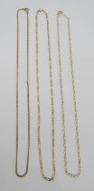 Three chain necklaces; a 9ct figaro link example, a 9ct belcher link example and a yellow metal