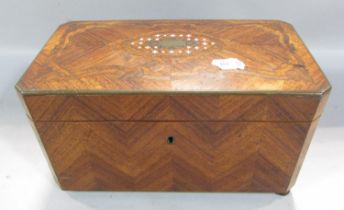 A 19th French marquetry tea caddy with two divisions, one button foot missing, 24cm wide.