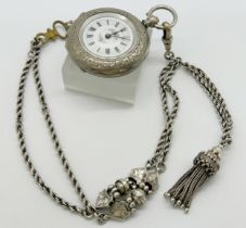 A continental silver-cased fob watch, with painted enamel dial with painted floral motifs, on rope-