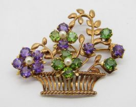 Vintage 9ct giardinetto brooch set with amethyst, green gems and seed pearls, maker 'D&F',