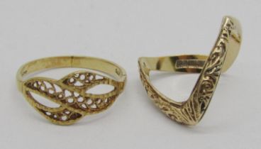 Two vintage 9ct rings; a wishbone ring, size P/Q and an openwork example, size P, 3.8g total