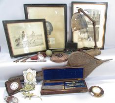 An intricately carved heart shaped bellows, drawing set, pictures, a miniature pair of binoculars,