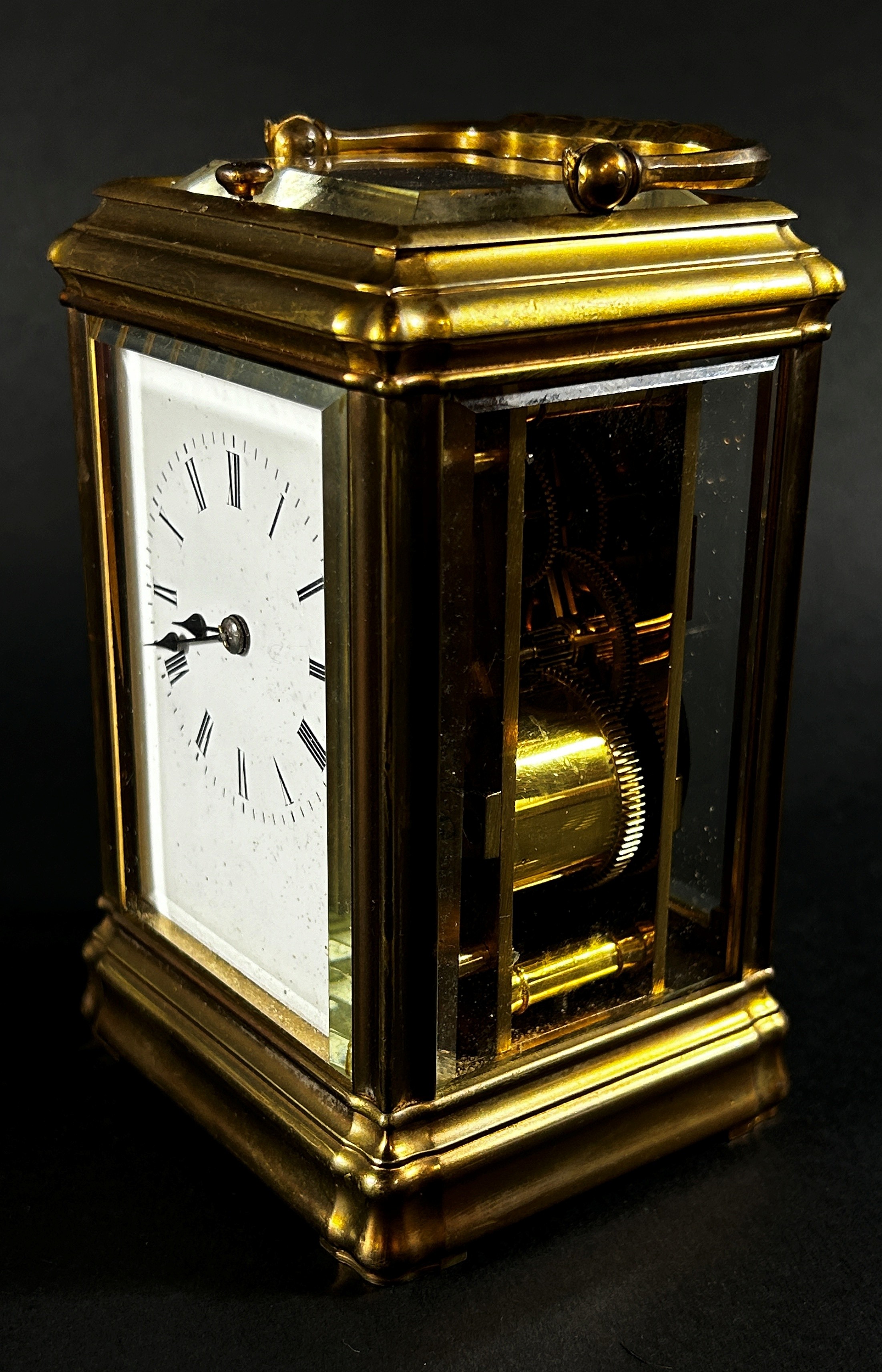 A 19th century brass carriage clock with enamelled dial, with eight day striking movement, currently - Image 4 of 5