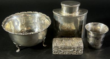 A silver tea caddy Birmingham 1906, maker Deacon & Francis Ltd, an Adie Brothers Ltd sugar bowl, a