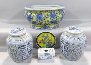 A pair of Chinese blue and white porcelain ginger jars, a large glazed planter decorated with blue