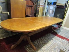 A substantial pine twin pedestal D end dining table (3m long)