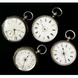 Four 19th century fob / pocket watches, three in silver, one silver plate, all key wound (4)