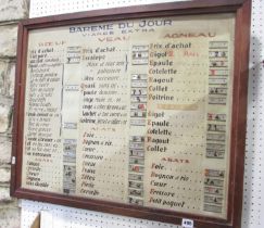 Une Boucherie 'Bareme du Jour' sign, listing the different cuts of meat and the price on the day.