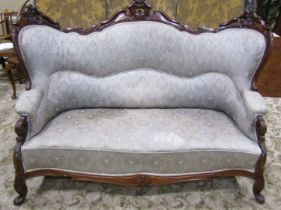 A high back mahogany sofa with carved showwood frame on cabriole supports, 180cm long