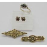 Group of 9ct jewellery to include two antique brooches (one lacking pin), a spinel dress ring and